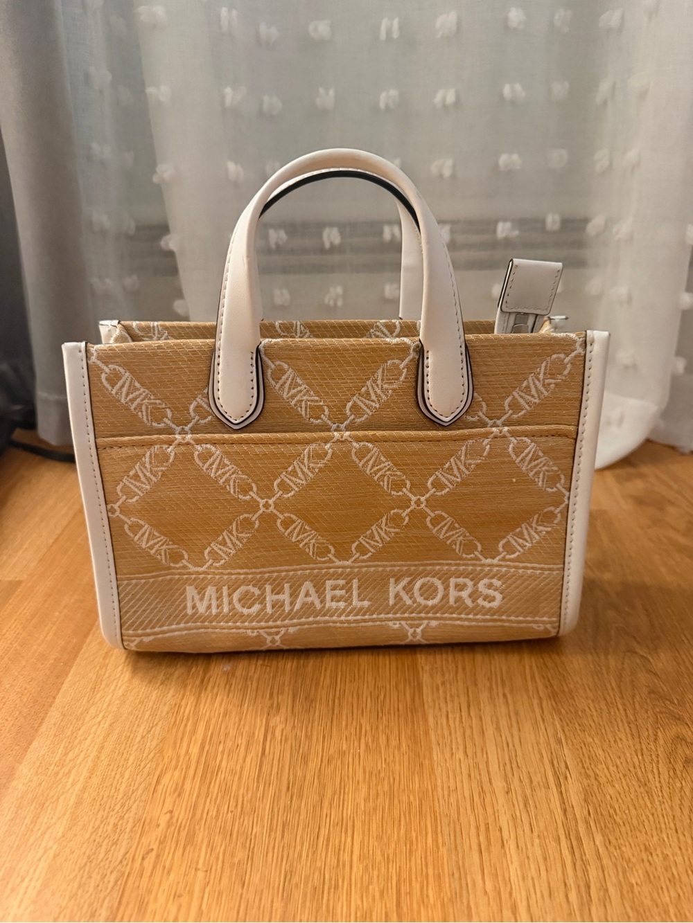 MICHAEL KORS Beige & White Jet Set Logo Canvas Tote